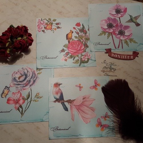 Lot 4 cartes, images, scrapbooking.  romantique. botanique. roses, papillons, oiseaux.scrapbooking, loisirs créatifs. . 
