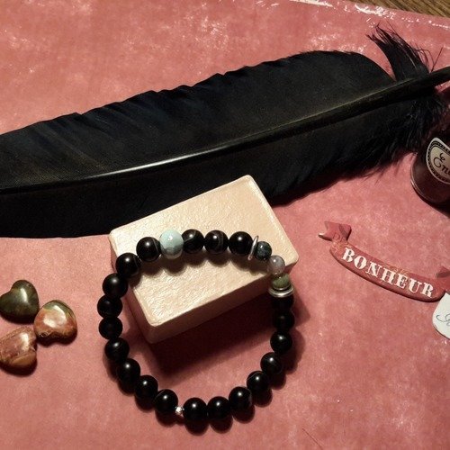 Bracelet "contraste", bijou homme, perles de verre noir marbré,  perle céramique. argent. création. fait main. 