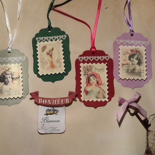 Lot 4 étiquettes,  tags, dies, lien satin. shabby romantique, 3d, découpes, enfants. coeur papier. home déco,  scrapbooking