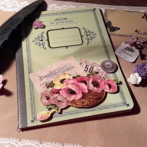 Cahier, papeterie vintage, note book,  embellissement, die cut, chromo authentique 1897. 3d. autres carnets. scrapbooking