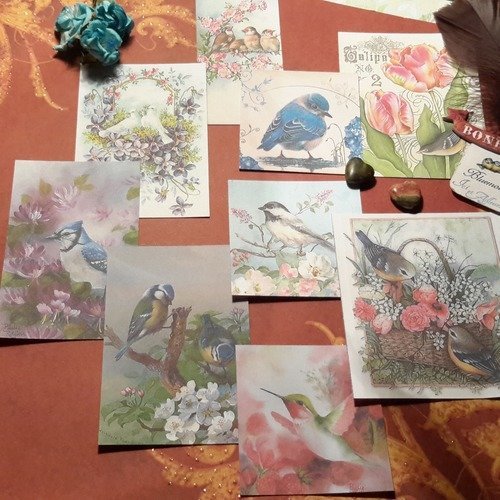 Lot 9 petites images, mini cartes, papier fantaisie,  oiseaux,  fleurs, nature. créations de cartes, loisirs créatifs,  scrapbooking 