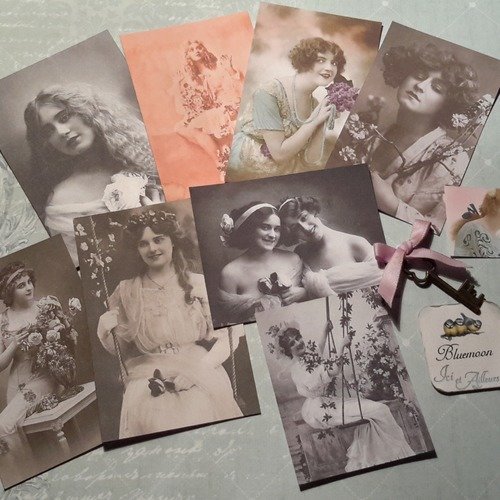 Lot 8 mini cartes + 1 offerte,  images, beauté feminine 1900. papier colorisé. papeterie, loisirs créatifs.  scrap 