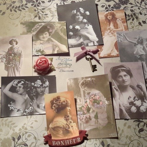 Lot 9 mini cartes, images, beauté feminine et fleurs 1900. papier colorisé. papeterie, loisirs créatifs.  scrap 