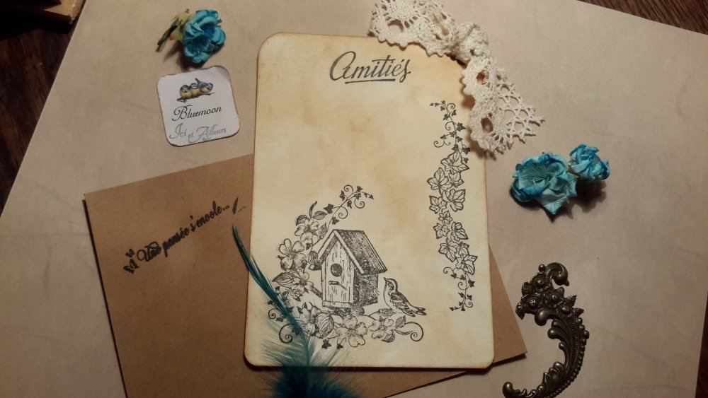Carte, enveloppe, kraft, papier fantaisie vintage. dentelle coton