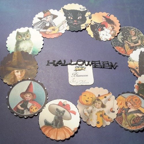 Lot 12 embellissements ronds halloween + 12 ronds double faces  offerts.  étiquettes,  scrapbooking, stickers, loisirs créatifs. 