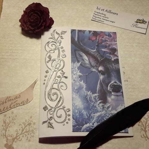 Un exemplaire. carte double, embellissement, papier fantaisie, embossage nacré argenté,  fait pinceau. scrapbooking,  papeterie,  carterie