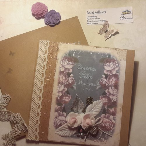 Carte unique, romantique, enveloppe,   papier à motifs, scrapbooking, embellissements, dit cut. papeterie, carterie,  loisirs créatifs.