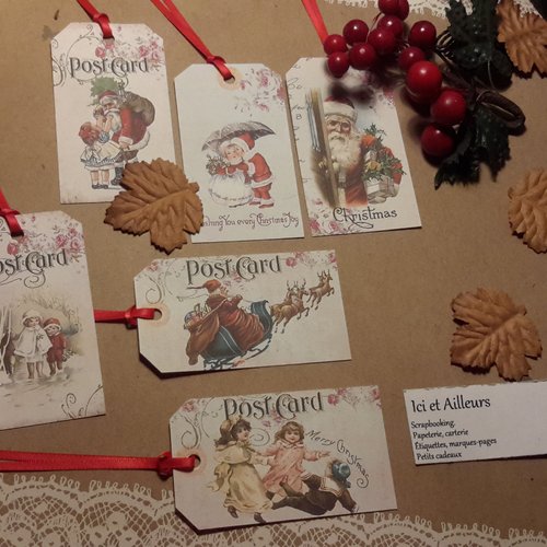 Lot 6 étiquettes noël, lien satin rouge. papier motifs, tags, embellissements, découpes papier. scrapbooking, carte, créations