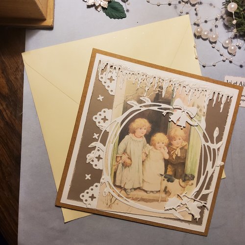 Carte vintage de noël,  effet 3d neige. carterie, papeterie.