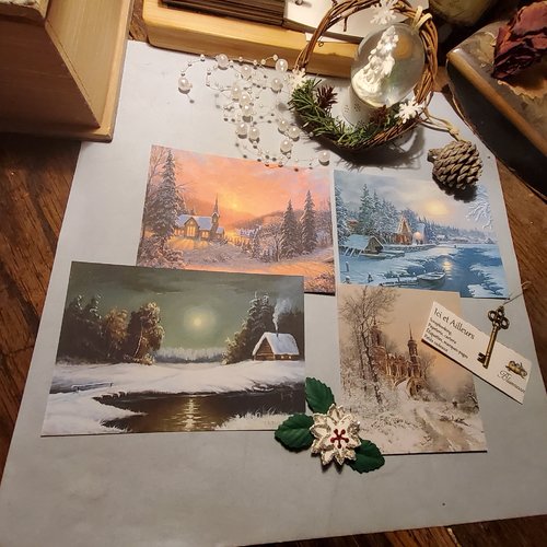 Lot 4 grandes images, paysages hiver, vintage, cartes,  papier fantaisie,  scrapbooking, loisirs créatifs,  papeterie