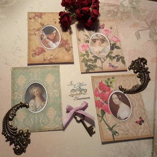 Lotb 4 mini cartes, images shabby romantique, portraits médaillons, cadres images vintage,  roses, fleurs jardin. scrapbooking 