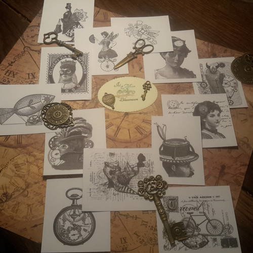 Lota 13 mini cartes, images noir et blanc steampunk. montre, plumes, chapeaux, objets anciens, femmes, oiseaux. scrapbooking 