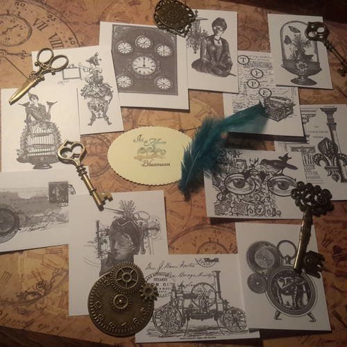 Lotb 12 mini cartes, images noir et blanc steampunk. rouages, objets anciens, femmes, oiseaux. scrapbooking