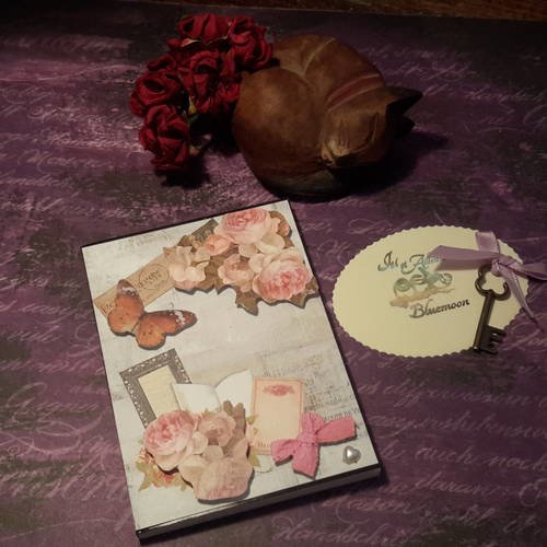 Un exemplaire》petit carnet shabby chic, 3d,  carnet notes romantique, roses anciennes, papillon, noeud rose, post card, 