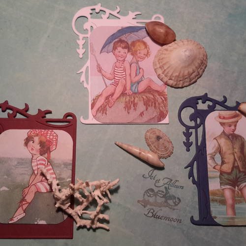 Lota 3 mini cartes, dies, découpes arabesques, embellissements, images enfants victoriens à la mer 1900, vintage. scrap. 