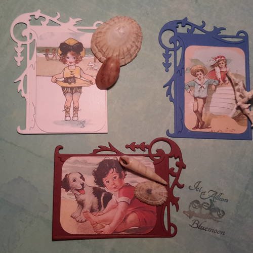 Lotb 3 mini cartes, dies, découpes arabesques, embellissements, images enfants victoriens à la mer 1900, vintage. scrap. 