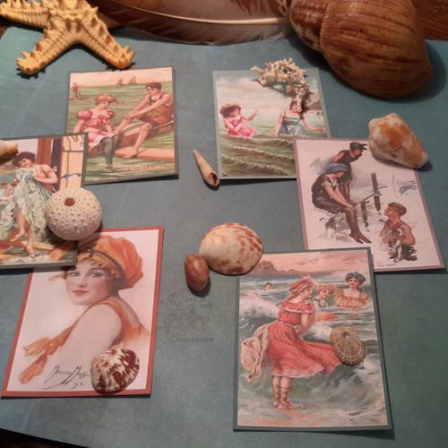 Lot 6 images, petites cartes vintage, portraits victoriens, vacances à la mer. baigneuses, costumes de bain 1900. scrapbooking