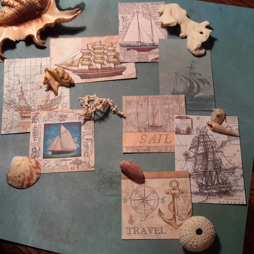 Lot a 8 images, petites cartes vintage.  bateaux, anciennes cartes marines, oiseaux des océans. goélette,  trois mâts.