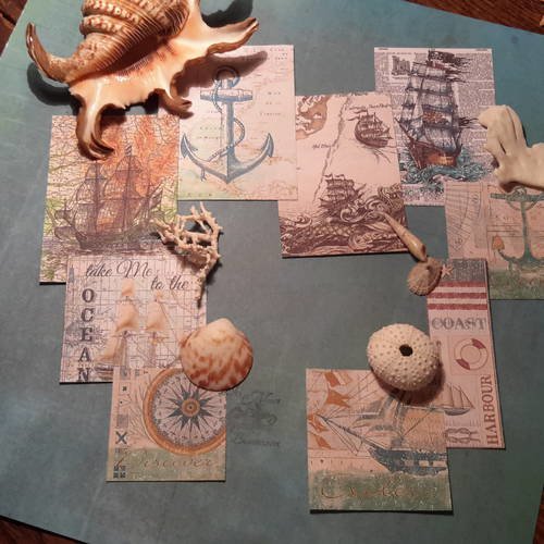 Lot b 9 images, petites cartes vintage.  bateaux, anciennes cartes marines, créatures des océans. goélette,  trois mâts.