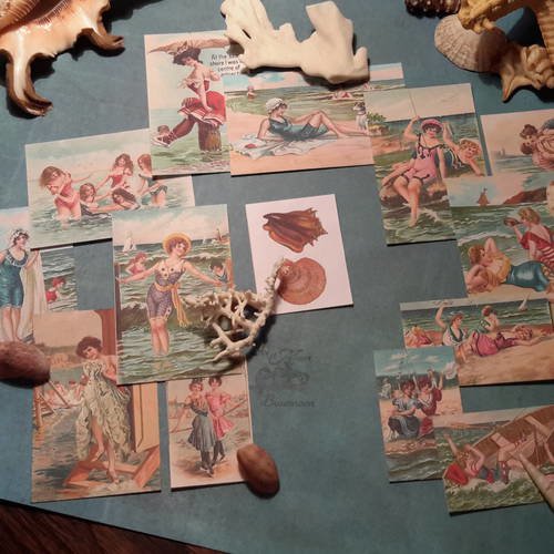 Lot collection 14 images, mini cartes. dessins 1900, vacances à la mer. baigneuses, costumes de bain. papier 250g. scrap 