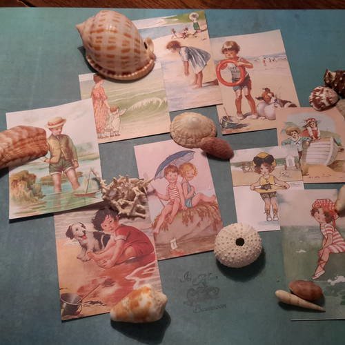 Lot collection 9 images, mini cartes. dessins 1900, vacances à la mer. enfants, costumes de bain. papier 250g. scrap