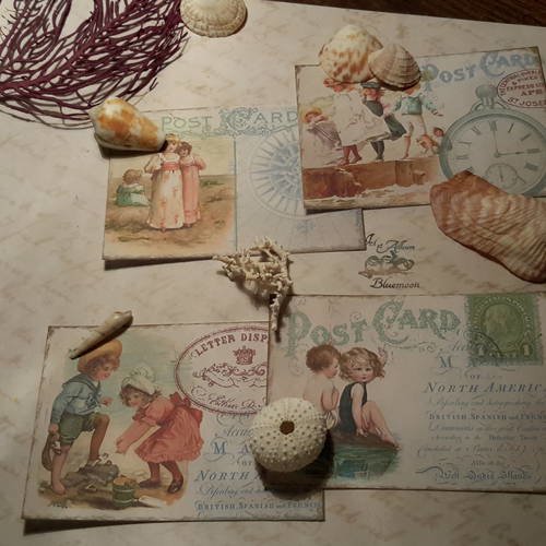 Lot 4 grandes images, cartes postales.  dessins 1900, vacances à la mer. petits enfants 1900,  papier 250g. scrap