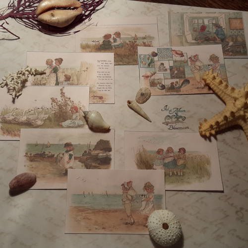 Lot 8 images,  vacances au bord de mer. rétro,  vintage,  illustrations livres pour enfants. sur fonds couleur sable,