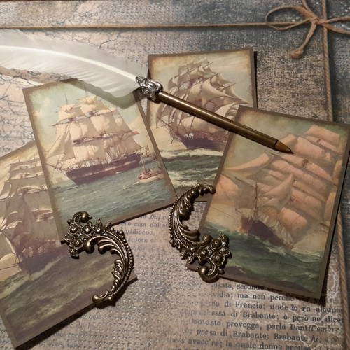 Lot 4 cartes, images, bateaux, trois mâts en mer.  très beaux tableaux,  marine. magnifiques détails. chaloupe. vintage. 