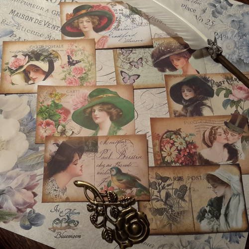 Lot 8 images,  mini cartes  postales élégantes, vintage. élégantes en chapeau, oiseaux,  papillons,  fleurs. ... 