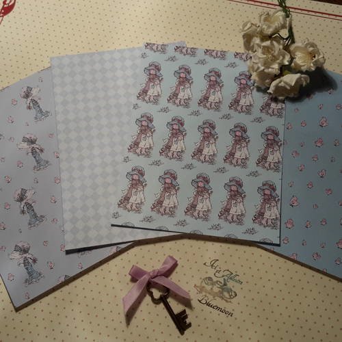 Lot b 4 feuilles rectangulaires , papier scrapbooking, sarah kay, en bleu pastel, losanges, petits poussins. papier épais 250g 