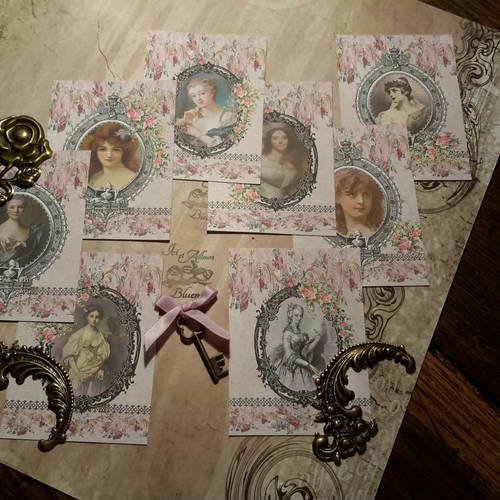 Lot 8 mini cartes, images anciennes, hymne beauté, portraits femmes, médaillons. shabby, roses. scrap 