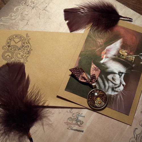 Grande carte double kraft et enveloppe, style steampunk,  chat, chapeau, cabochon pendentif rouages, cadran. carterie 