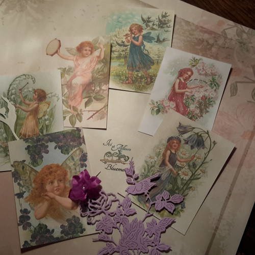 Lot de 6 images, mini cartes motifs victoriens fées du printemps.  vintage. fées et fleurs. violettes, muguet.. scrap