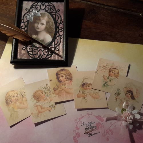 Lot 6 images, les enfants, dessins victoriens. delicieux portraits petites filles aux fleurs.  vintage.  scrap