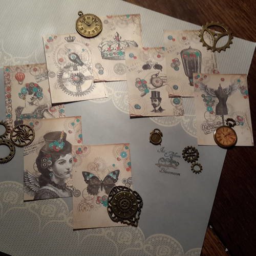 Lot 8  mini cartes, images vintages, steampunk. rouages, objets anciens, femmes, papillon... scrap 