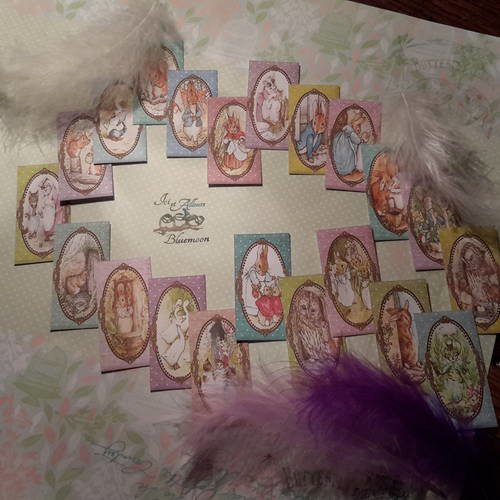 Lot 21 petits tags, embellissements  le monde de béatrix potter. lapins, oie, écureuil,  souris, oiseau, chat, chouette, chatons... 