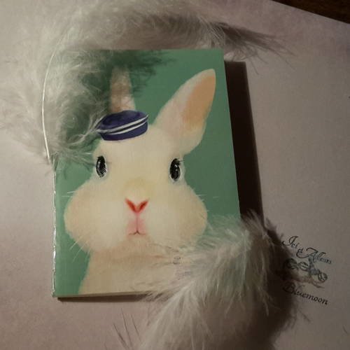 Carnet rectangulaire, petit lapin blanc, beaux yeux bleus et petit chapeau assorti.  petit cadeau de pâques 