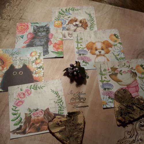 Lot de 6  images, mini cartes,  mignons chatons, chiots, fleurs et rubans. roses, tournesol, fleurs du jardin. scrap 