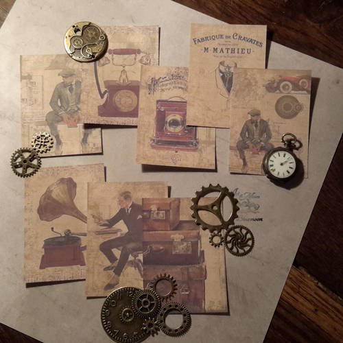 Lot 8  mini cartes, images vintages, steampunk. rouages, objets anciens, hommes 1920, valises.. scrap 