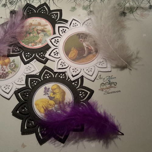 Lot  4 die cut, petites cartes napperons. motif printanier, enfants, chiot, violettes, poussins.. scrap