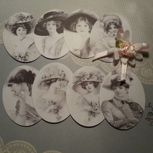 Lot 8 grands embellissements ovales, tags,  découpes papier vintage. portraits victoriens. scrap. 