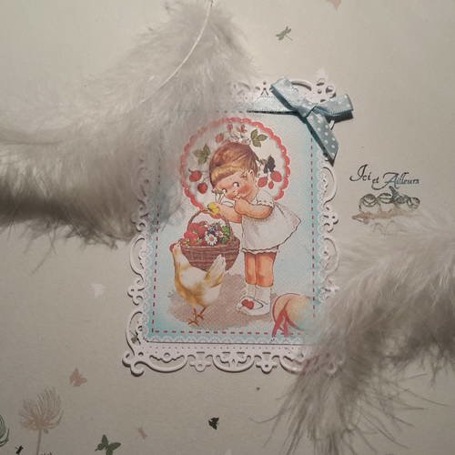 Petite carte  et enveloppe,  illustration petite fille, panier fleuri, poule blanche. carte enfant. carterie