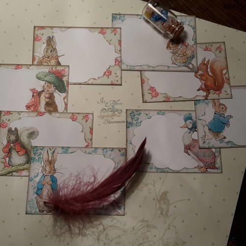 Lot de 8 mini cartes, images, béatrix potter. monsieur écureuil,  lapin, souris,  oie. avec joli encadrement.  carterie 