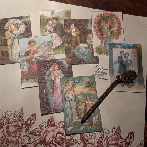 Lot 9  images, romantique vintage, couple amoureux. reproductions cartes  19ème. 