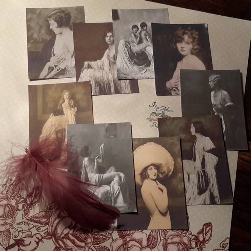 Lot de 9  mini cartes, images, hymne à la beauté feminine 1900, sépia, noir et blanc.  scrap
