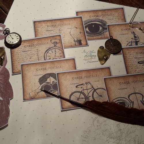 Lot 8  mini cartes, images style steampunk. montre gousset, jumelles, lunettes, vélo, ampoule.. scrap 