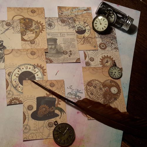 Lot 8  mini cartes, images style steampunk. rouages, cadrans,  aiguilles,  chapeau, plumes, montres, coeur. .  scrap 