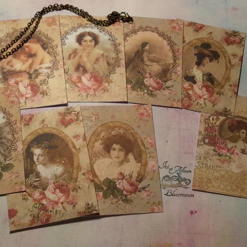 Lot 8  mini cartes, images anciennes, hymne beauté feminine, portraits femmes.  shabby, roses. scrap 