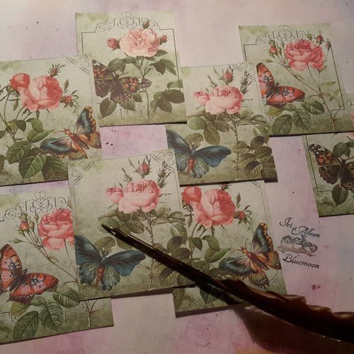 Lot  8 images,  petites cartes, shabby romantique, papillons merveilleux, roses anciennes..papier 250g 