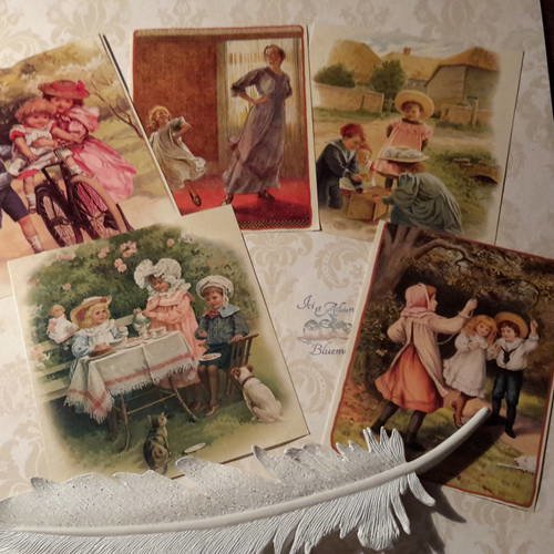Lot 5 grandes images vintage. les jeux d'enfants. époque victorienne.  250g. jouets en bois, dînette. . 